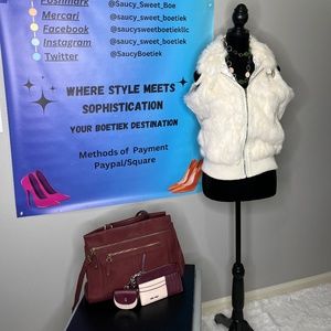 ***SOLD***White faux fur vest, wallet, and necklace. Purse still available.